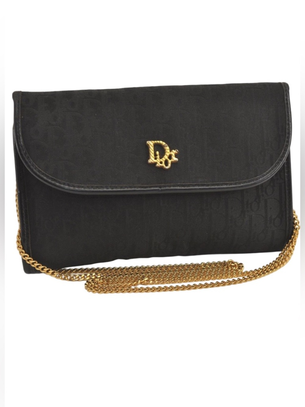 Dior Black Canvas Shoulder Bag with Gold Chain